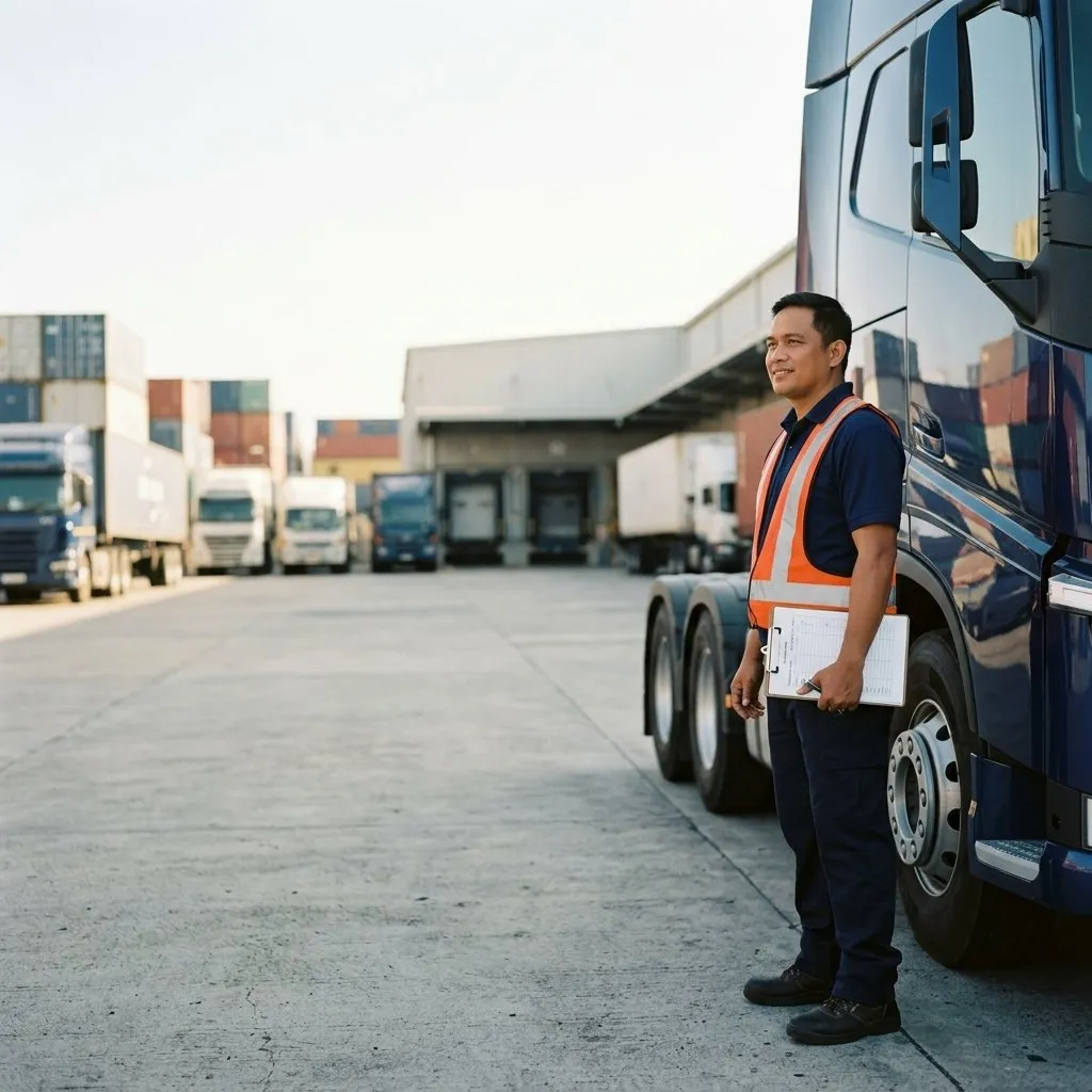 A truck driver standing beside his vehicle at a logistics yard