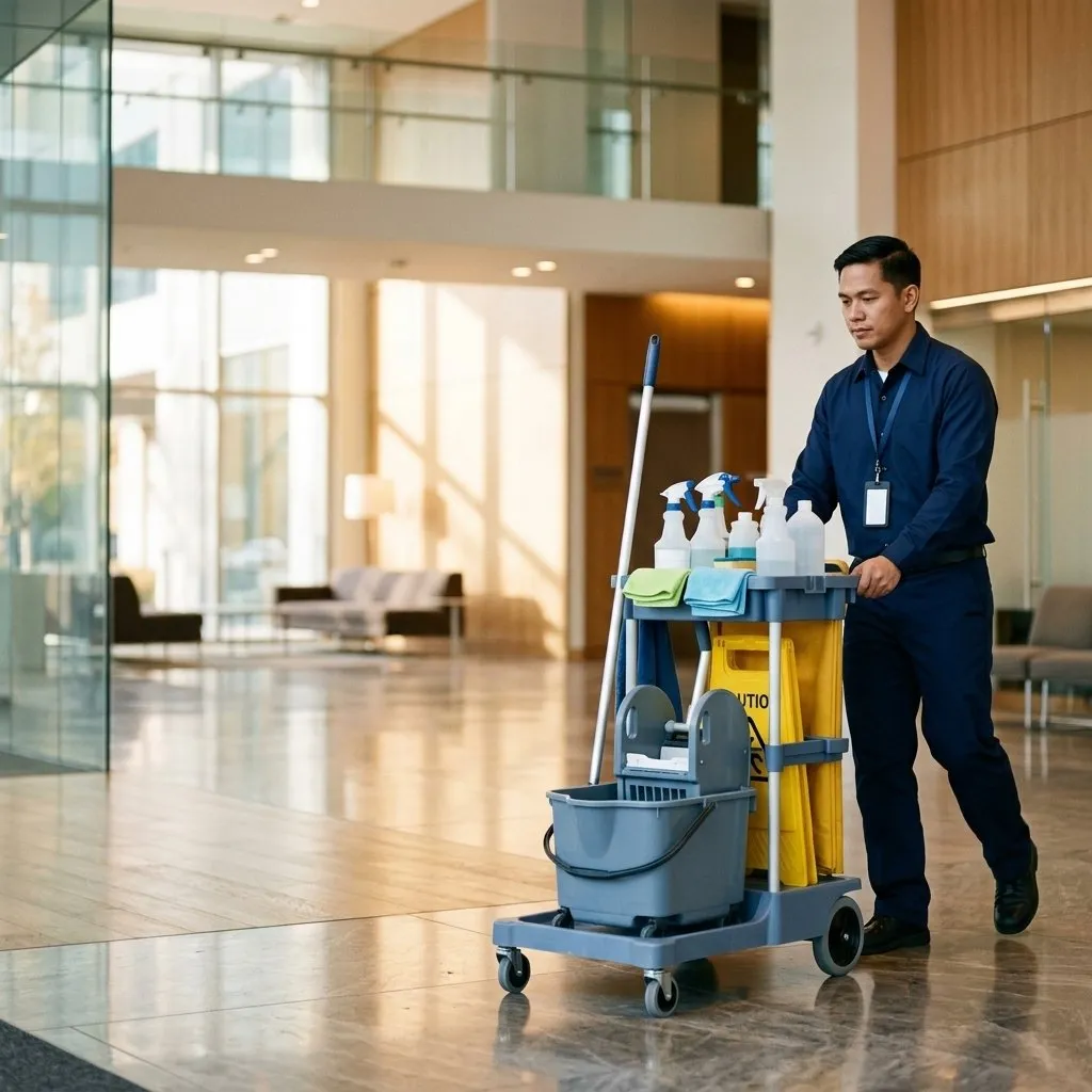 A facility attendant with a cleaning trolley in a building lobby
