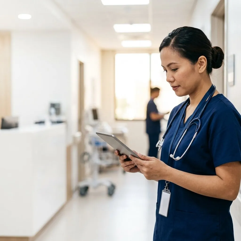 A nurse reviewing a patient chart on a tablet