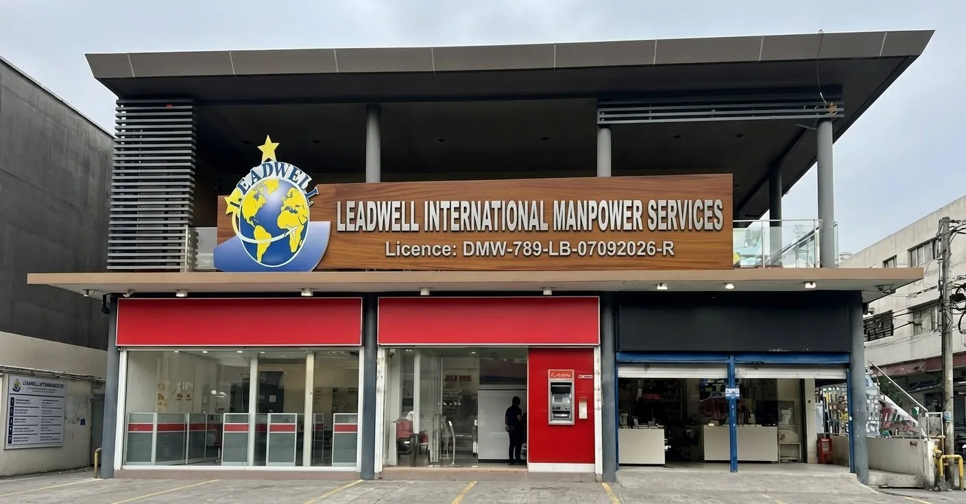 The Leadwell International Manpower Services office front, with the DMW licence number on the sign