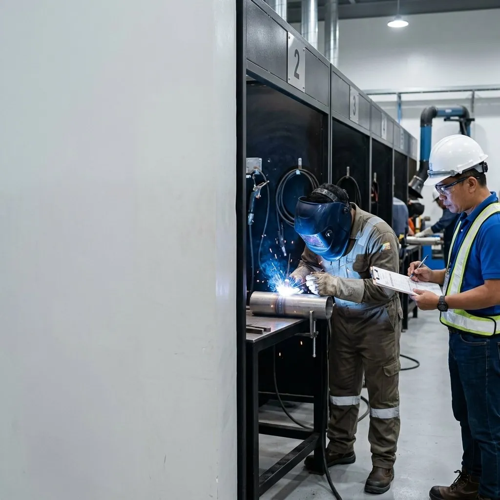 A candidate taking a practical welding test while an assessor records results